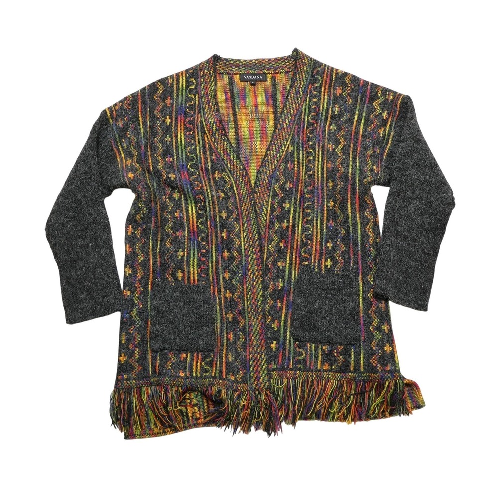 Vandana‎ Sweater Womens Large Multicolor Boho Fringe Open Front Cardigan Knit